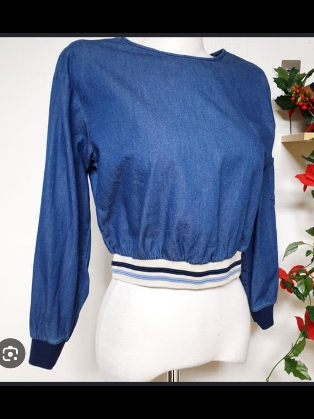 Zara Blue Denim-Look Cropped Sweatshirt with Striped Hem. 100% Cotton.